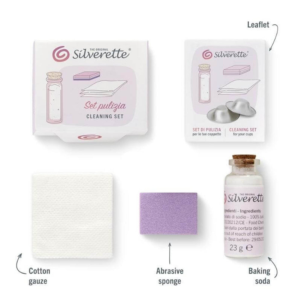 Contents of the Silverette cleaning kit for silver nursing cups