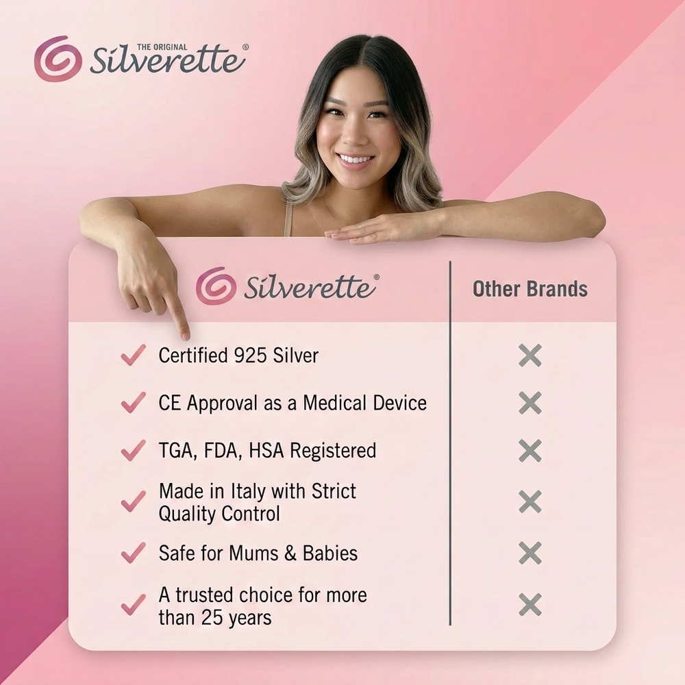 Chart comparing Silverette silver nursing cups with other nipple care options, with a mother holding the cups