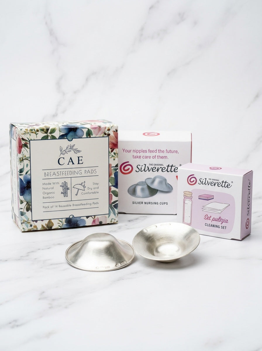 Silverette Nurturing Essentials Bundle with silver nursing cups and accessories for breastfeeding comfort and care.