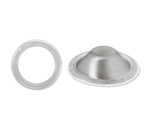 Side view of O-Feel ring next to a Silverette sterling silver nursing cup