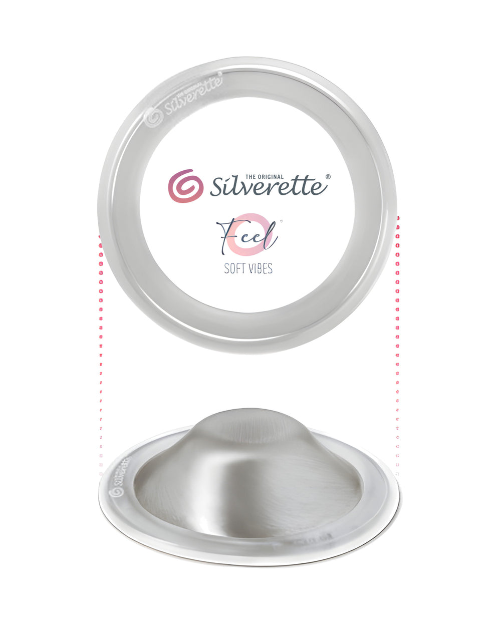 Silverette 925 sterling silver nursing cup with the clear O-Feel Soft Vibes silicone ring that holds it in place
